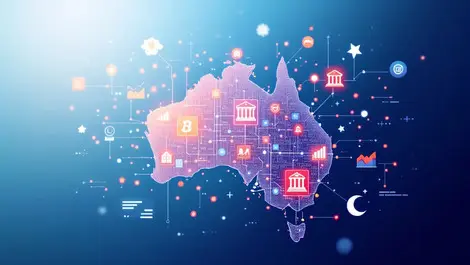 Interconnected digital bank icons financial graphs data australia growth