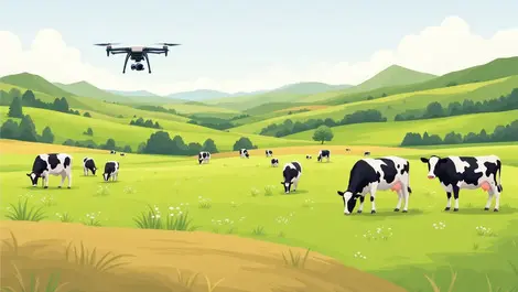 Modern green pasture cows grazing drone flying agri tech new zealand