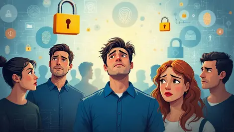 Worried australian people surrounded by digital security symbols declining trust ai