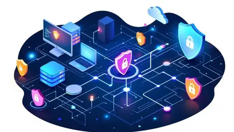 Digital cybersecurity network illustration computers servers locks shields