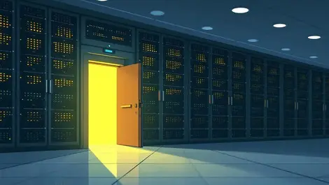 Illustration large server room locked doors small open door light limited data access ai