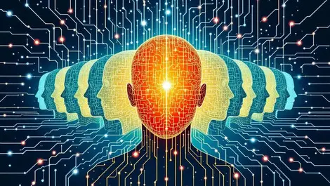 Human heads facing same direction digital circuit lines uniform thinking cybersecurity