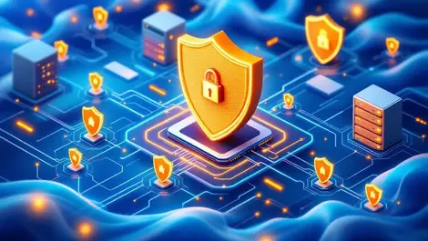 Digital illustration secure computer network interconnected servers shields