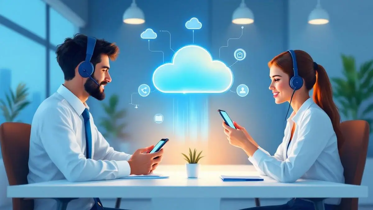 Business professionals modern office smartphones headsets cloud communication ai