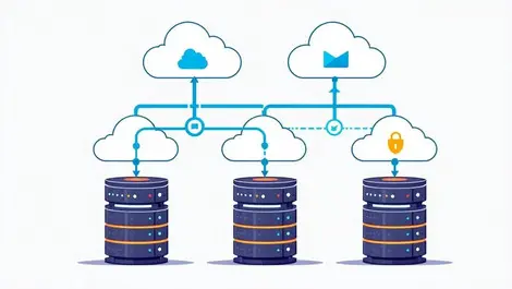 Illustration multiple colored clouds over database servers data streams secure