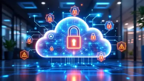 Realistic cloud digital padlocks warning shields ai robot icons modern office