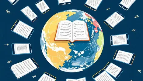 Illustration globe surrounded by smartphones displaying open books access to religious texts