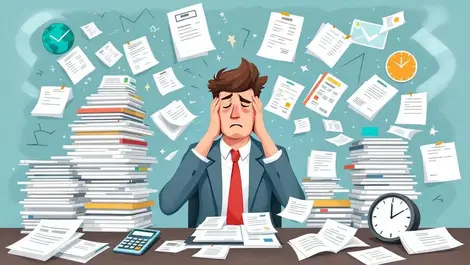 Stressed businessperson overwhelmed by paperwork invoices calculator clock accounts payable process