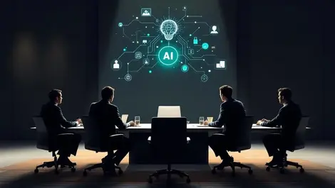 Uk corporate boardroom executives around table empty chair ai gap icons
