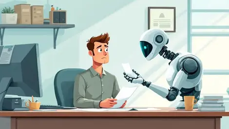 Cautious australian small business owner in modest office with robotic arm digital files