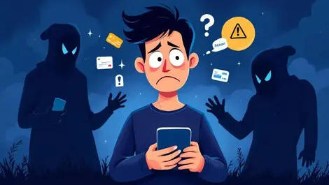 Worried person new zealand receiving scam message with bank card warning icons