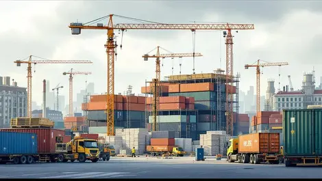 Modern construction site with cranes stacks shipping containers european urban