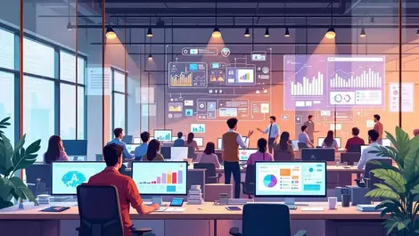 Modern corporate office hub collaborative workspaces ai data visualizations