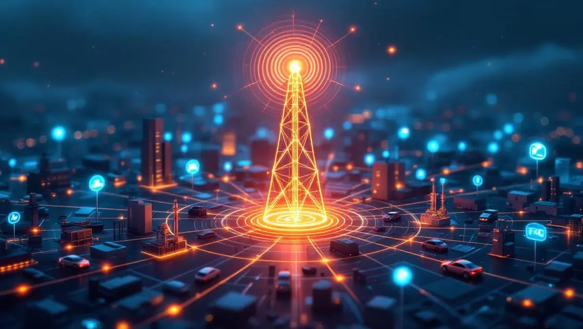 Glowing 5g wireless network tower radiating signals iot devices cityscape global connectivity
