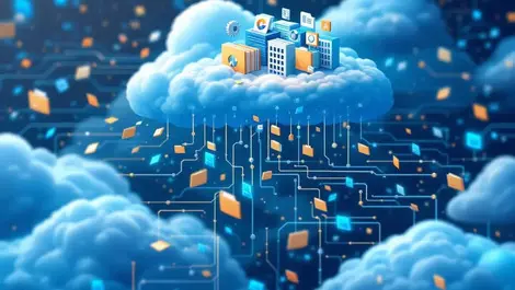 Digital data archives files flowing into cloud with ai neural network patterns