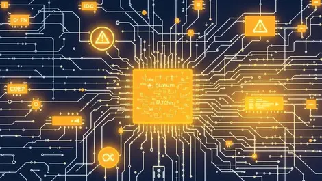 Complex quantum computer circuit illustration highlighted errors glitches