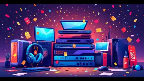 Colorful digital illustration stacked tech gadgets australian black friday sale