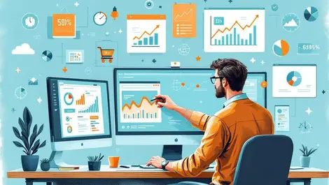 Ecommerce analyst examining digital ad performance charts multiple monitors