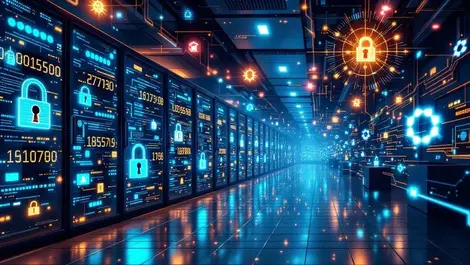 Secure server room glowing encrypted data streams quantum padlocks japan tech