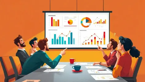 Business meeting room with team debating conflicting data charts graphs