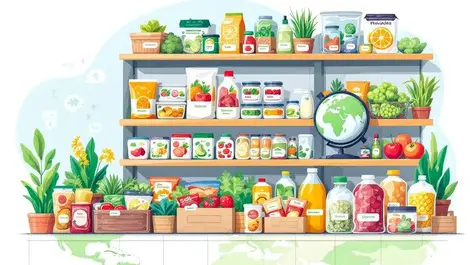 Illustration fresh packaged food multilingual labels shelves global reach food safety