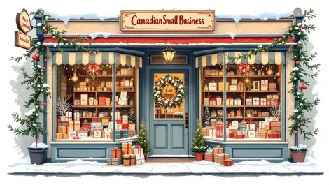 Cozy canadian small business holiday storefront festive window displays