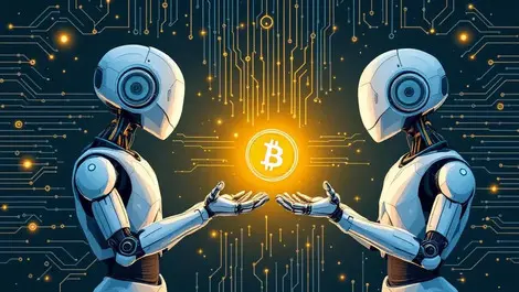Two human like robots exchanging glowing digital coins circuit background ai micropayments crypto tech
