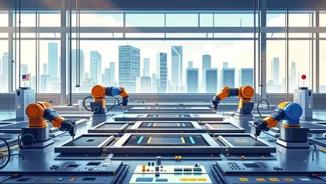 Modern semiconductor fab with robots and global asia us backdrop