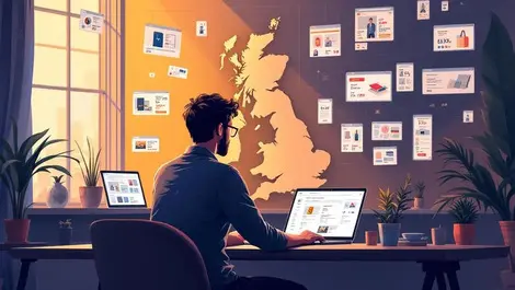 Uk online shopper at desk with laptop multiple products bg map