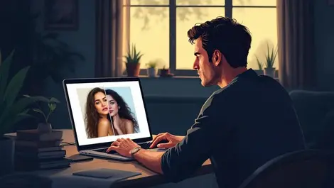 Australian adult analyzing real vs deepfake portraits at laptop