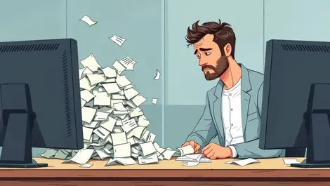Office worker fixing flawed automation messy vs neat documents
