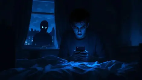 British teen in dark bedroom phone light shadowy online groups