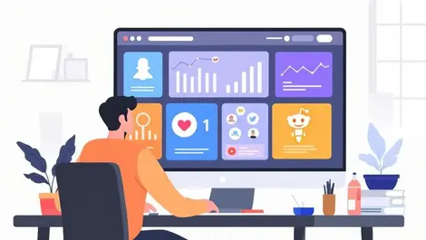 Flat marketing dashboard multi social platforms reddit office scene