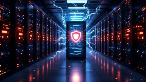 Server room night encrypted code swirls malware cracked shield