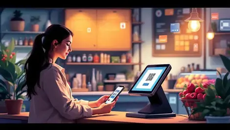 Modern small shop qr payment pos terminal digital fintech scene