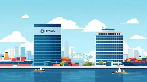 Corporate acquisition sydney harbor logistics icons flat illustration