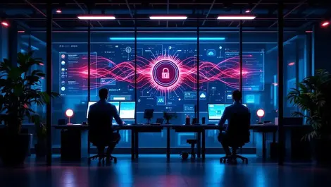 Cyber resilience office night glowing threat waves locked shield