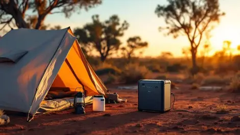Portable power station australian outback campsite sunset scene