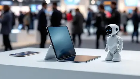 Foldable phone tablet and home robot on modern desk mwc scene