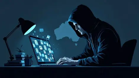 Australian office worker anxious at laptop shadowy hacker binary
