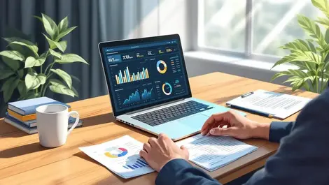 Nz small business office accountant with laptop finance dashboards