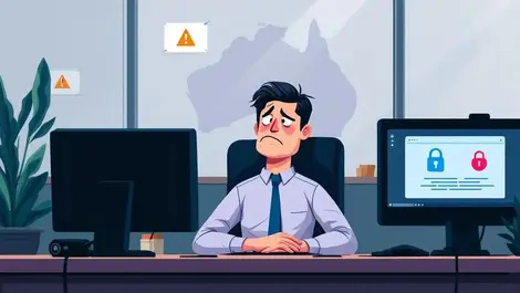 Tired australian office worker surrounded by screens warnings locks
