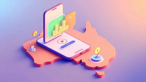 3d smartphone audio wave play button over australia map icons