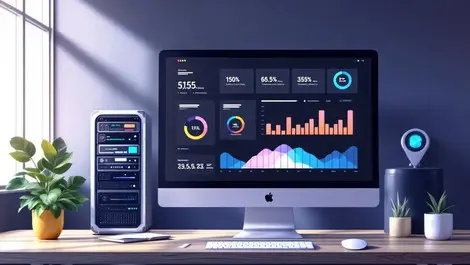 Realistic website performance dashboard with server racks speedometer